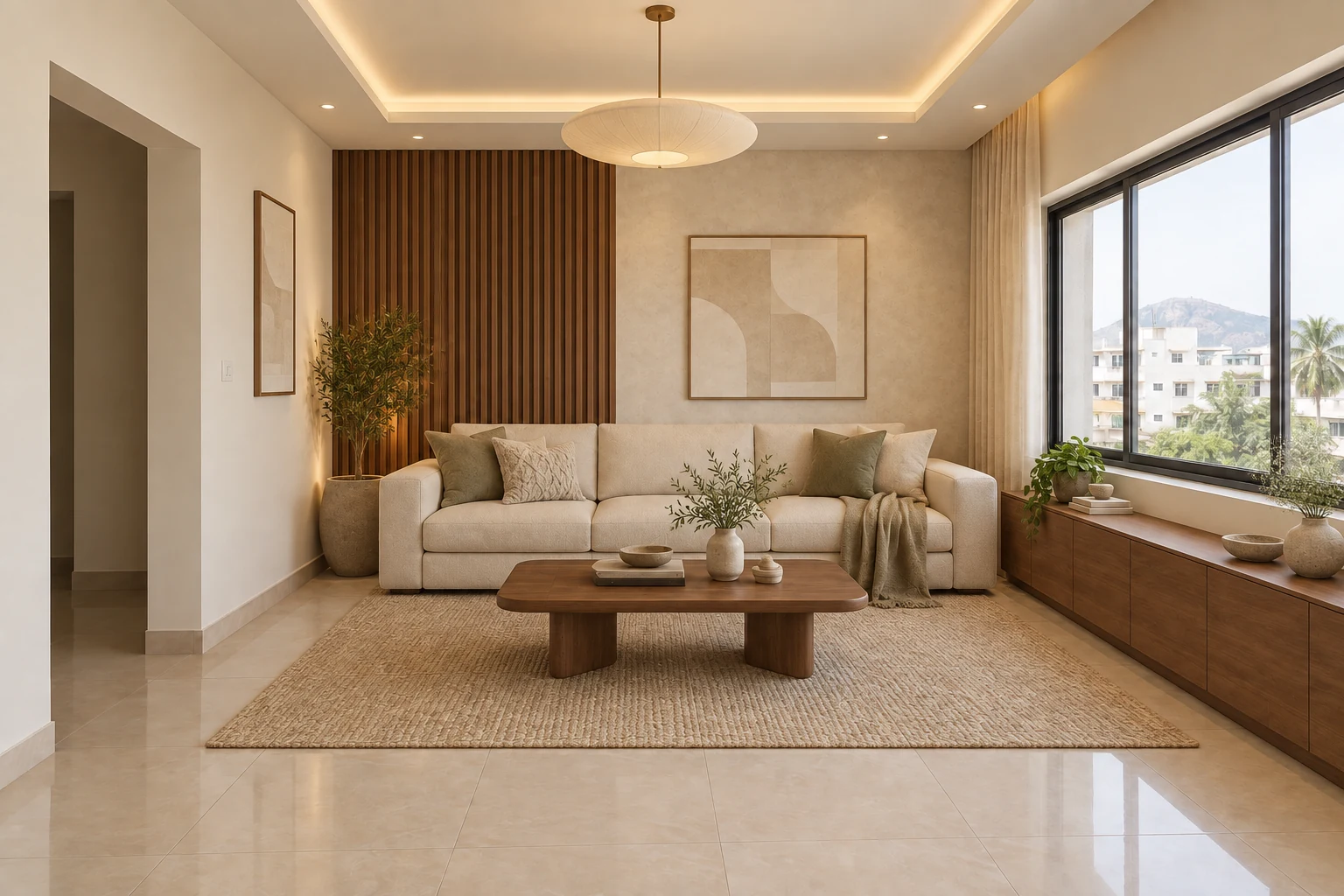 AI living room concept with selectable lighting, wall and storage details